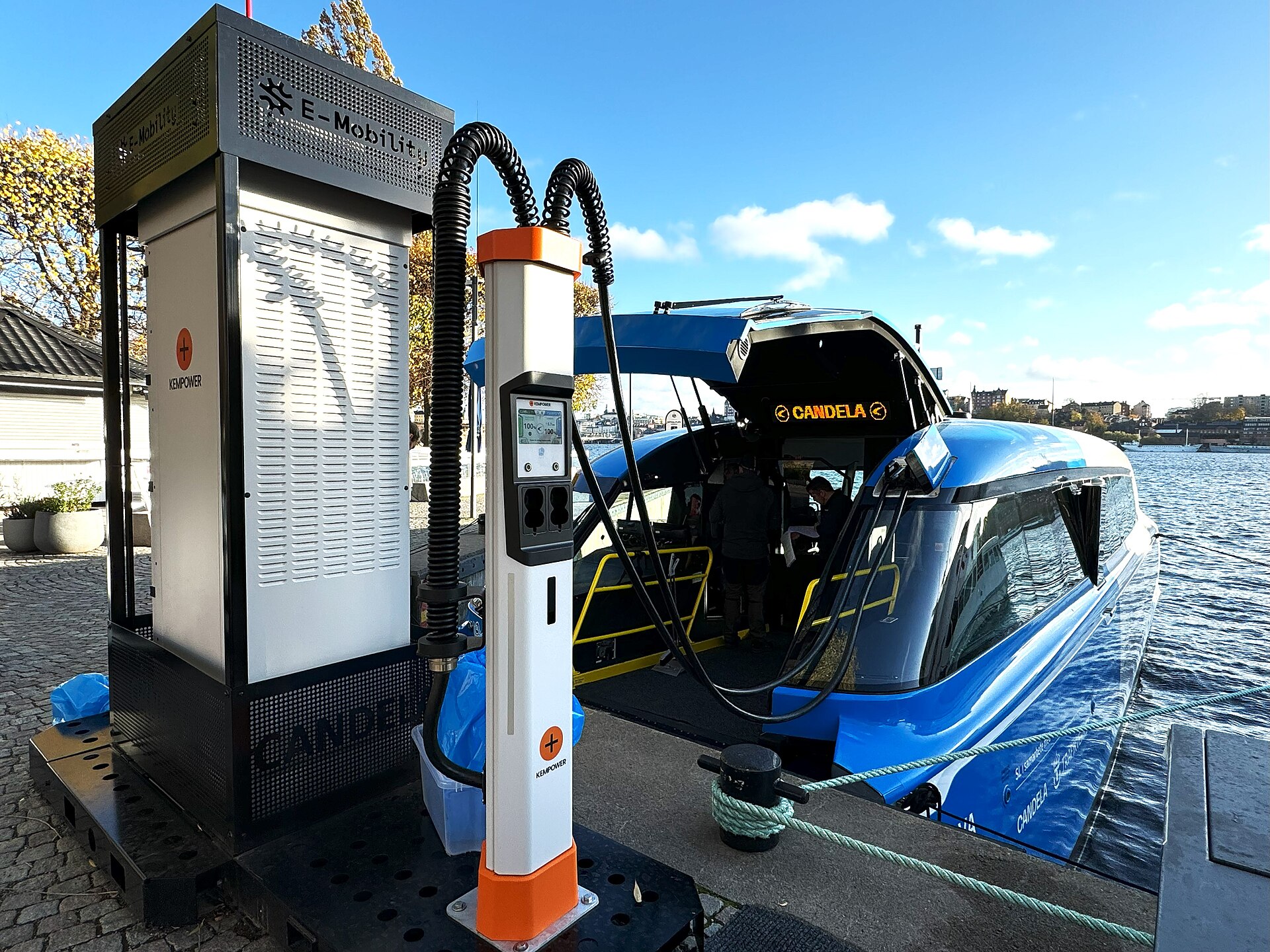 Candela P-12 Shuttle electric hydrofoil ferry Nova moored at Norr Mälarstrand by Riddarfjärden in Lake Mälaren